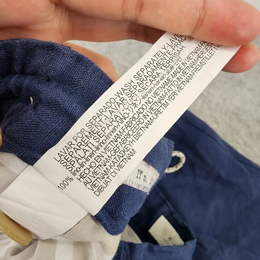 Zara Man Medium Navy Blue 100% Linen Drawstring Tapered Trousers Mens Summer